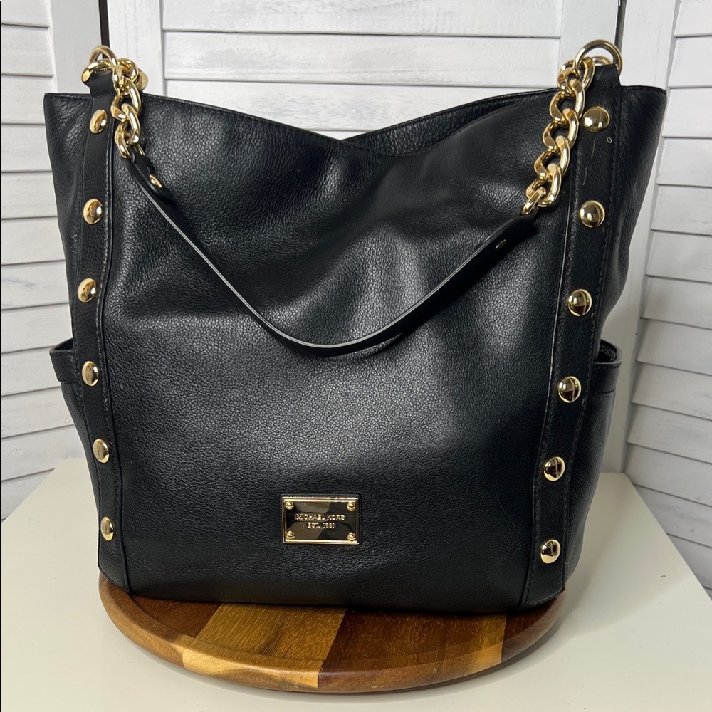 Michael Michael Kors Delancy Black Genuine Black Leather Shoulder Bag Large Tote